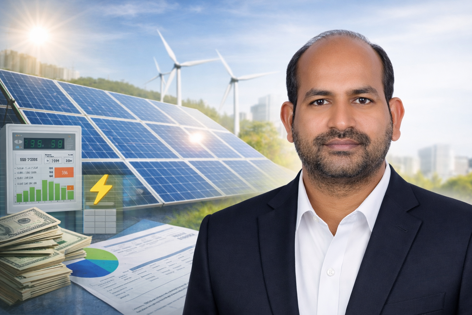 Home professional in front of renewable energy tech